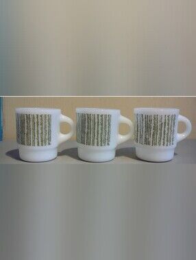 3 Anchor Hocking Fire King Stacking Mugs Cups Green Stripe pattern